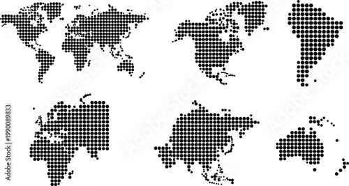 Black round dot pattern of six world continent maps in flat vector art