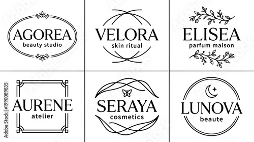 Black and white elegant cosmetic and beauty studio logos with ornamental frame and floral details