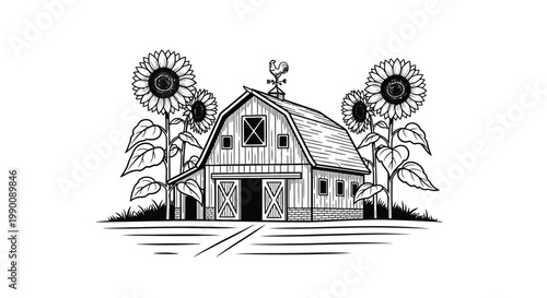 Farmhouse, Barn, Sunflowers, Rural Landscape Vector Illustration