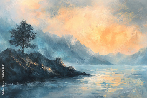 Painterly Coastal Landscape with Mountains and Turquoise Sea