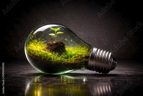 Konsep energi hijau dengan tanaman kecil tumbuh di dalam bohlam kaca yang menyala