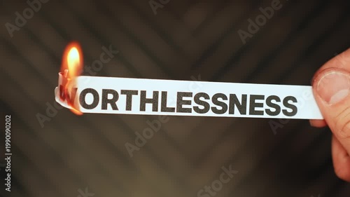 Burning “WORTHLESSNESS” concept symbolizing self-worth, confidence recovery, emotional healing, and releasing feelings of inadequacy, shame, and low self-esteem.