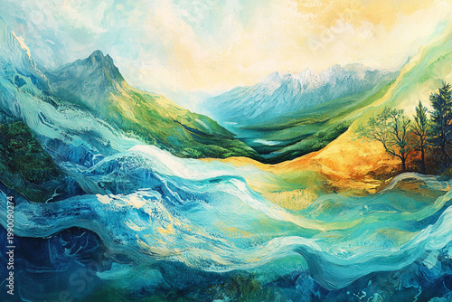 Painterly Coastal Landscape with Mountains and Turquoise Sea