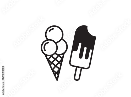 Simple black and white icons showing an ice cream cone with three scoops and a bitten popsicle