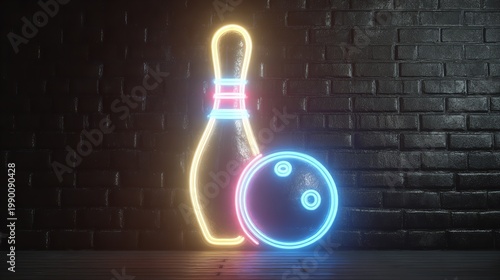 Neon sign of a bowling pin and ball on a textured brick wall.