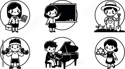 Businesswoman teacher gardener weightlifter pianist and waitress characters