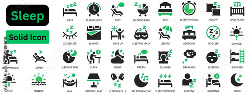 Solid vector of sleep icon set. Sleep solid icon set contains disorder, dream, dreaming, insomnia, slumber, sleeping, moon, sleep, nap, night, pillow, illustration, and icons.