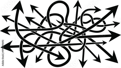 Chaotic tangle of black arrows pointing in multiple directions symbolizing confusion and complex decision making