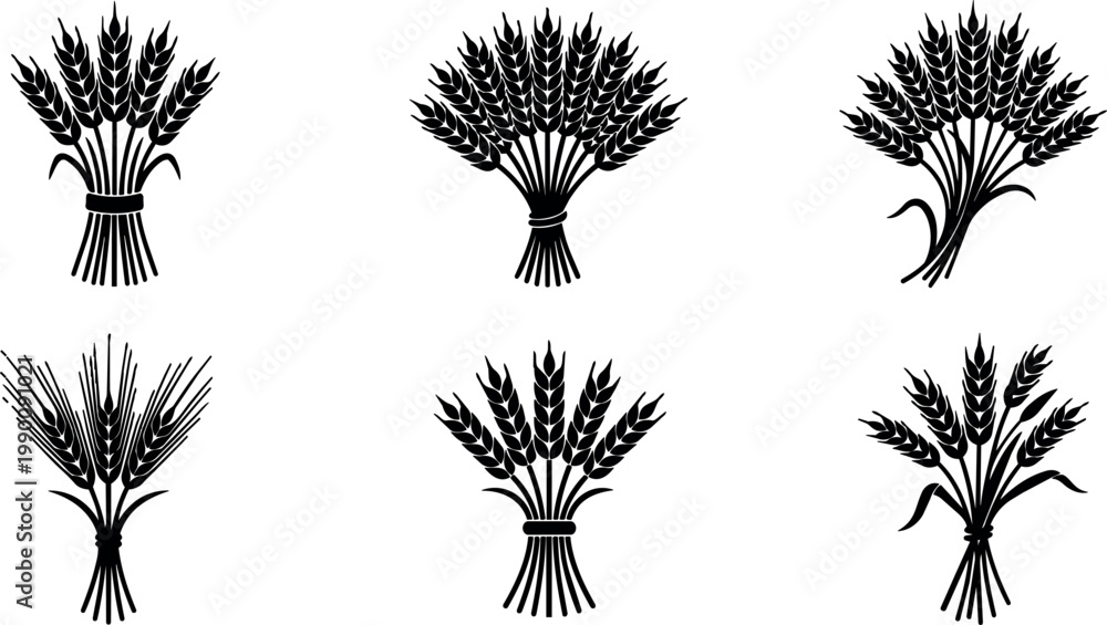 Fototapeta premium Black and white wheat sheaves bundle vector art collection