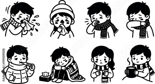 Sick children blowing nose coughing and drinking hot tea