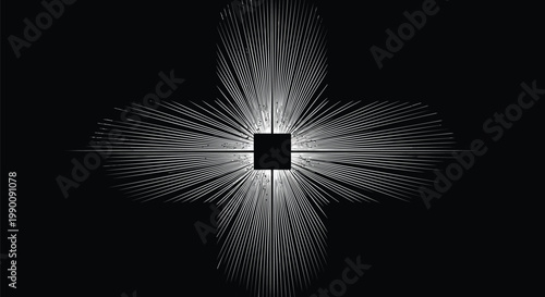 Abstract light burst, glowing white lines, radiant square shape, black background