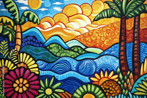 Painterly Coastal Landscape with Mountains and Turquoise Sea