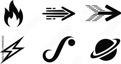 Six black depicting fire, speed, energy, and a celestial body on a white background