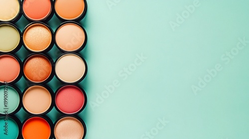 Vibrant array of colorful makeup compacts arranged neatly on a mint green background, showcasing a palette of warm and cool tones for beauty enthusiasts.
