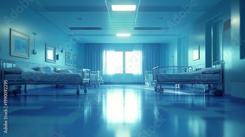 Empty hospital ward bathed in eerie blue light, with rows of vacant beds and medical equipment, conveying a sense of quiet anticipation or abandonment.