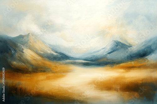 Painterly Coastal Landscape with Mountains and Turquoise Sea