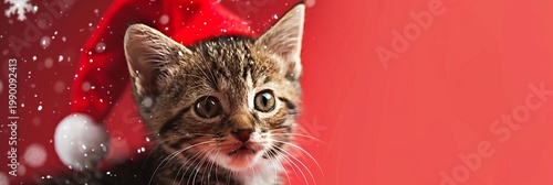 Adorable tabby kitten with wide eyes gazes curiously at falling snowflakes against a festive red background, capturing the magic of a cat's first Christmas.