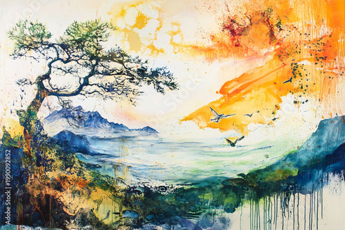 Painterly Coastal Landscape with Mountains and Turquoise Sea