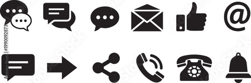Social Media and Communication Icons Pack Chat Message Email Share Symbols for Contact Network and UI Design Vector Collection