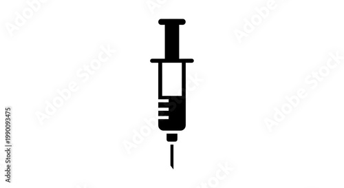 Black Medical Syringe Icon with Needle on White Background