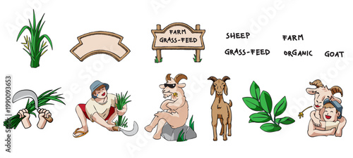 Hand-drawn farm illustration set featuring goats, a farmer boy, grass harvesting tools, and organic grass-fed signboards. Perfect for agricultural branding, eco-packaging, and livestock designs.