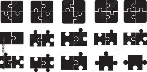 Jigsaw Puzzle Icons Pack Black Piece Symbols Collection for Problem Solving Logic Game and Teamwork Concept Vector Design