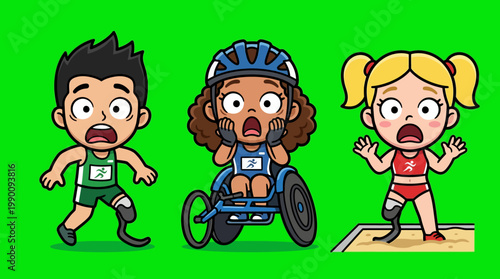 Cartoon Athletes Expressing Shock and Surprise in Sports Competition.