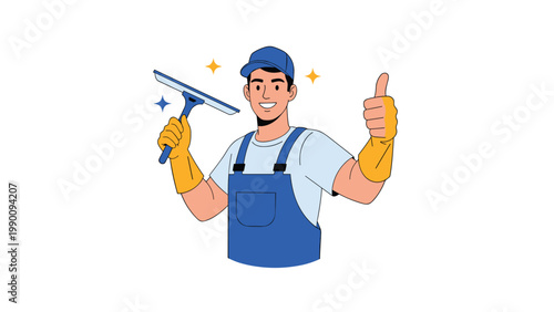 A cheerful and friendly male cleaner in uniform, wearing gloves, holding a squeegee, and giving a confident thumbs up gesture.
