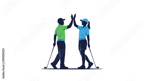 Two enthusiastic golfers, a male and a female, celebrating a successful game with a cheerful high five gesture.