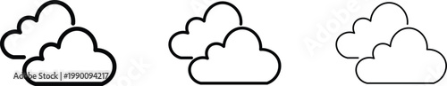 Minimalist cloud line icons with varying stroke weights, black outline weather symbols, simple vector cloud set for web and app interface design
