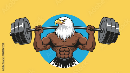 A powerful eagle bodybuilder with strong muscles is shown lifting a heavy barbell overhead, symbolizing strength and determination.