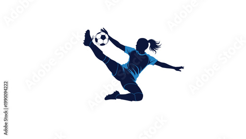 A dynamic silhouette of a female soccer player in mid-air, powerfully kicking a soccer ball, showcasing athletic skill and agility.