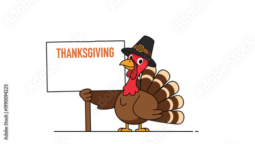 A cheerful cartoon turkey wearing a traditional pilgrim hat and happily holding a white sign that clearly says "Thanksgiving".