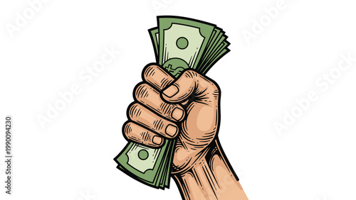 A human hand firmly clutching a wad of green dollar bills, symbolizing wealth and financial gain, in a vintage engraving style.