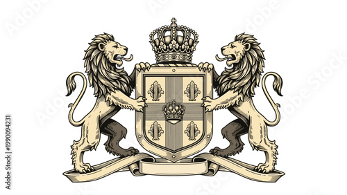 A regal heraldic coat of arms featuring two majestic lions rampant, holding a detailed shield and a grand crown, in a colored vintage engraving style.