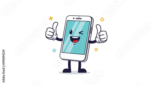 A cheerful and friendly cartoon smartphone character with a winking screen face and arms, giving a confident double thumbs up gesture.