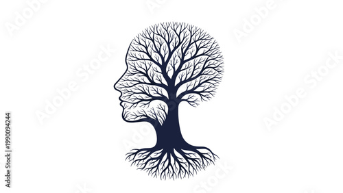 A profound silhouette illustrating a tree with roots and branches forming a human head, symbolizing the deep connection between nature and thought.
