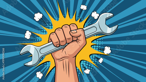 A powerful hand firmly gripping a large adjustable wrench, presented in a vibrant pop art comic book style with explosive lines and smoke.