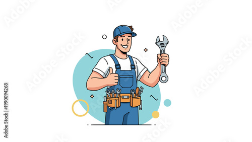 A cheerful and friendly male mechanic in overalls and a cap, holding a wrench, giving a confident thumbs up gesture.