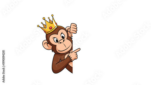 A cute and mischievous cartoon monkey wearing a golden crown, peeking from the side and pointing a finger to an unseen element.
