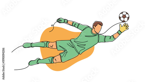 A dynamic soccer goalkeeper is depicted in a fluid, continuous single line art style, diving dramatically to catch a soccer ball.