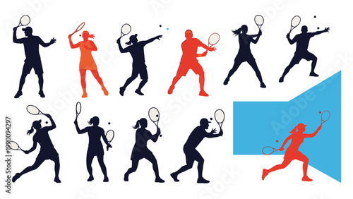 Dynamic collection of tennis player silhouettes in various action poses, demonstrating different strokes and movements on the court.
