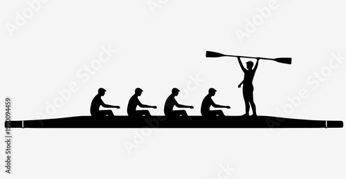 Rowing team silhouette with leader holding oar representing teamwork, synchronization and corporate leadership.