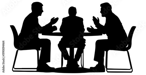 Business meeting silhouette of three professionals sitting at a round table discussing corporate strategy.