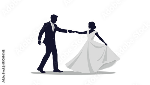 Romantic silhouette of a newlywed couple gracefully dancing, the bride in a flowing gown and the groom in a classic suit.