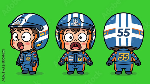 Adorable Cartoon Racer in Racing Suit and Helmet with Number 55.