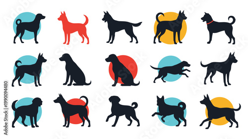 Varied collection of canine silhouettes displaying different dog breeds and common poses, including sitting, standing, running, and playing.