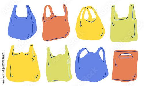 Reusable Plastic Bag Set Hand Drawn Shopping Bag Illustration Collection