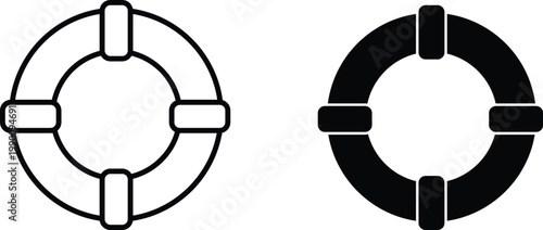 Minimalist lifebuoy icons set, black and white nautical life ring vector illustrations, marine safety equipment symbols for maritime rescue and beach security