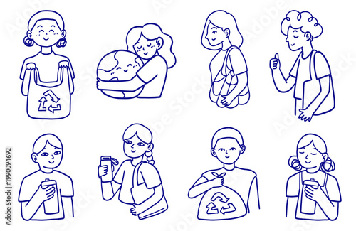 Eco Lifestyle People Set Recycling Reusable Bottle Sustainability Line Illustration